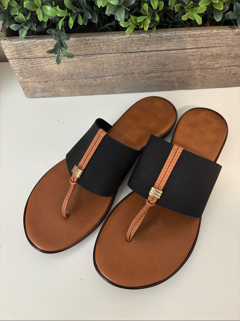 Italian Shoemakers  Woman’s Tan & Black Slide Sandals with Toe Post